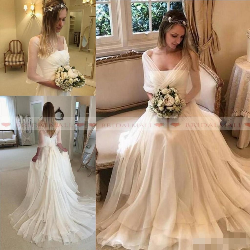 Elegant A Line Dresses With Wraps Chiffon Sweep Train Ruffles Ruched Pleats Simple Custom Made Plus Size Garden Country Wedding Gown