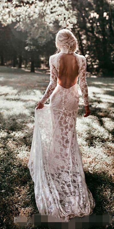 Vintage Lace Mermaid Dresses High Collar Backless Sweep Train Covered Buttons Back Country Wedding Gown Vestido De Novia