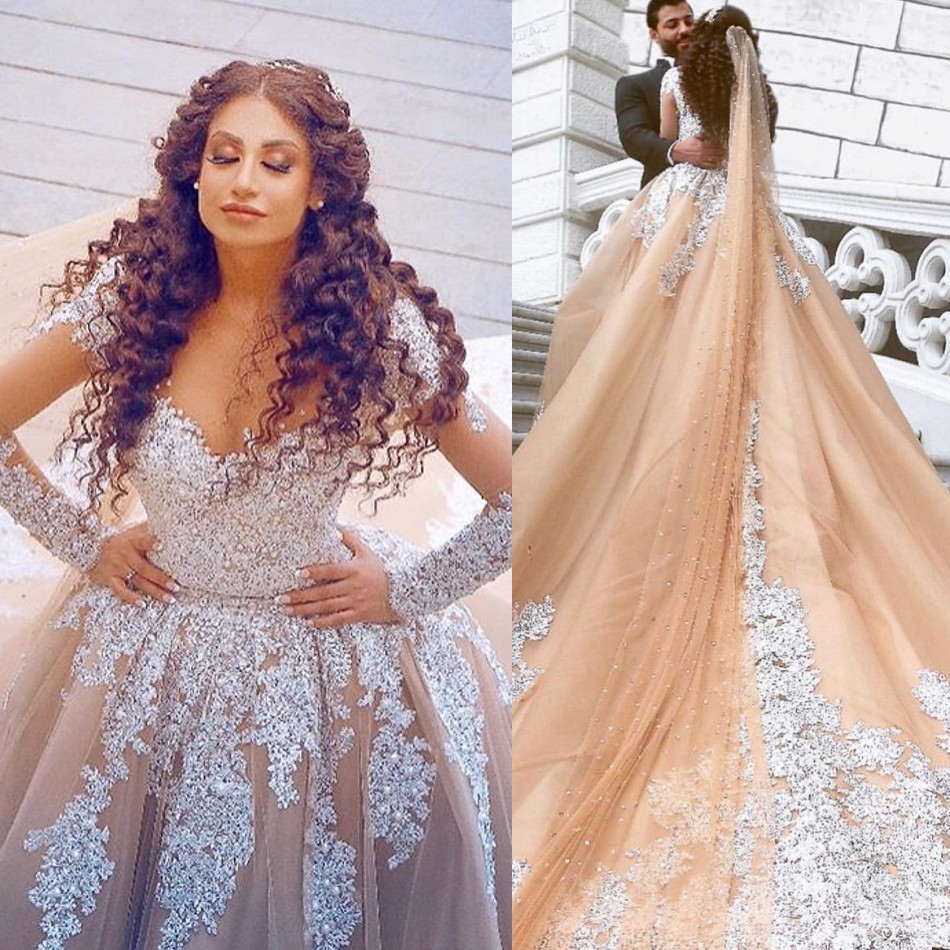 Arabic Champagne Dresses Lace Appliqued Beaded Sheer Jewel Neck Long Sleeve Wedding Dress Sweep Train Vestidos De Novia