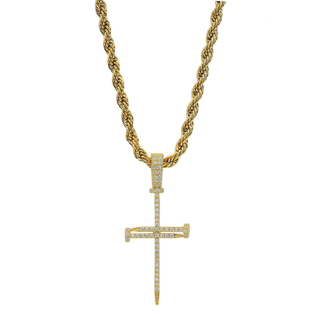 Hip Hop Nail Key Cross Pendants Necklace Jewelry Bing Diamond Stone 18K Gold Plated Women/Men Religious jewelry