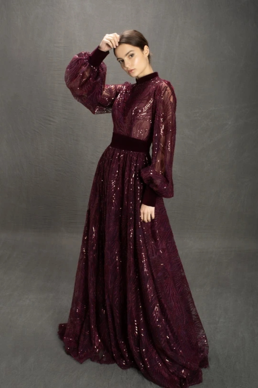 2020 Grape Prom Dresses High Neck Appliqued Sequins Tulle Sash Evening Dress A Line Custom Made Special Occasion Gowns