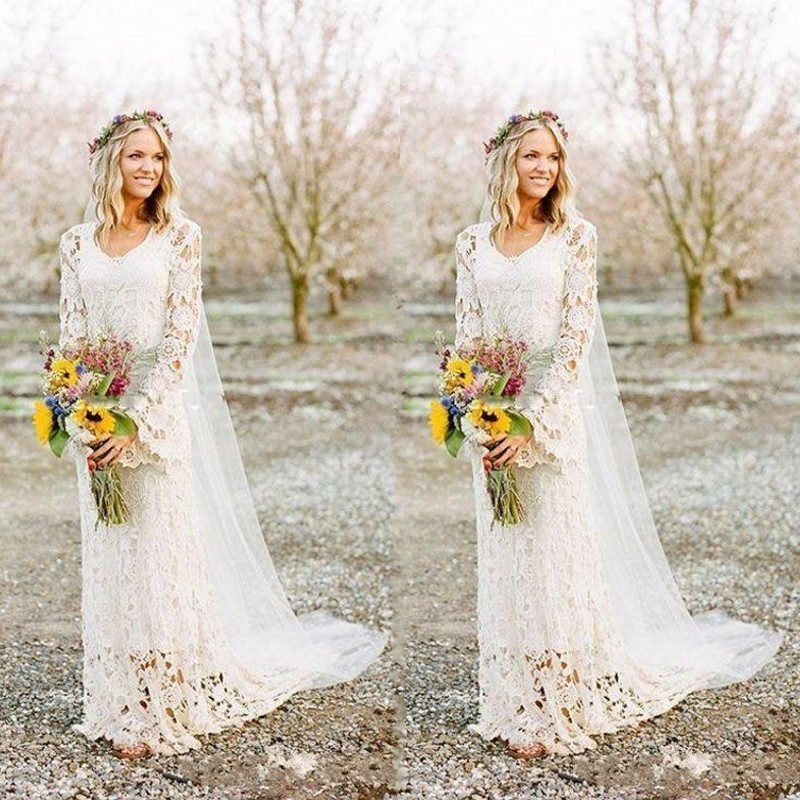 2019 New Guipure Lace Boho Wedding Dress with Sleeves Small A Line Sweep Train Ivory Country Style Bohemian Bridal Gowns
