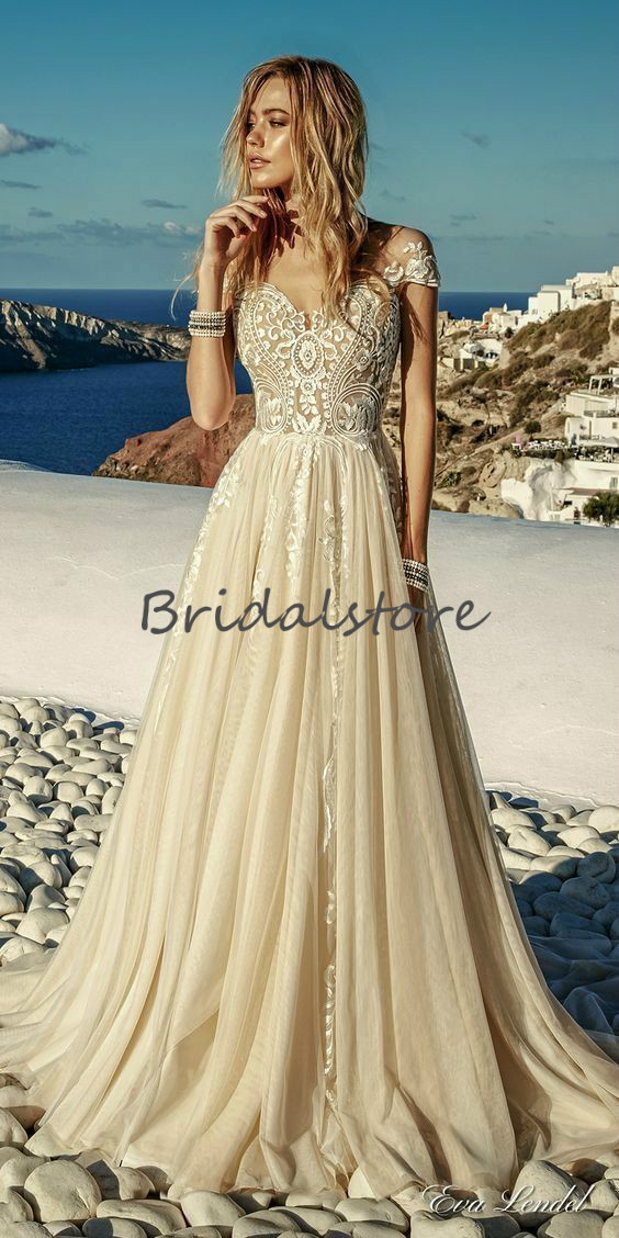 Fairy Tale Champagne Beach Wedding Dresses Destination Off The Shoulder Lace Boho Cheap Bohemian Wedding Dress 2019 Robes de mariée bohème