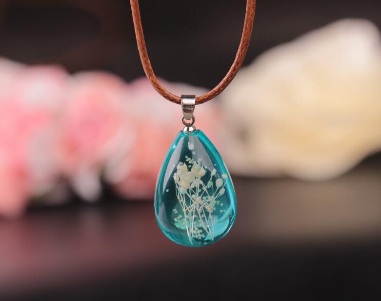 Resin Water Drop Dried Flower Stone Pendant Necklace Jewelry DJN73 mix order Pendant Necklaces jewelry