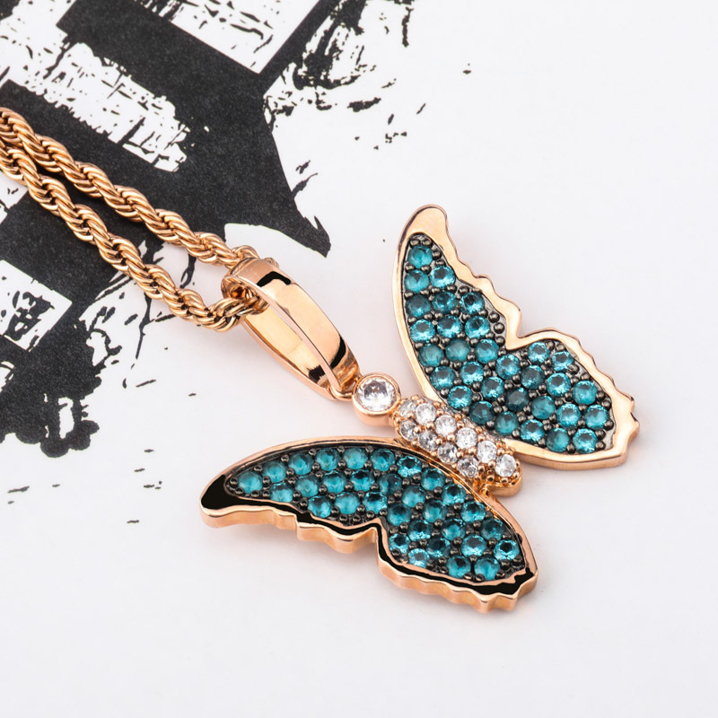 Hip Hop Diamond Stone Charm Butterfly Pendants Necklace Jewelry 18K Real Gold Plated Men Women Lover Gift