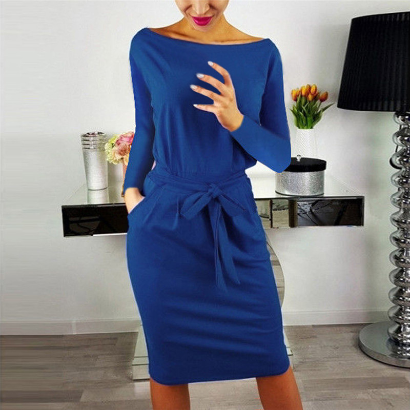2019 Autumn Winter Dress Women Long Sleeve Black Blue Dress Casual Slim Sashes Midi Cotton Dress Plus Size Fashion Clothing 3XL