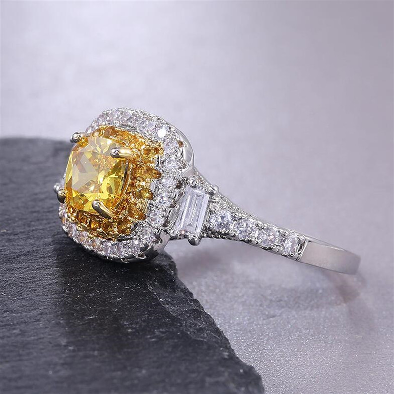 New Sparkling Classical Luxury Jewelry 925 Sterling Silver Yellow Topaz CZ Diamond Pave CZ Promise Women Wedding Engagement Band Ring Gift