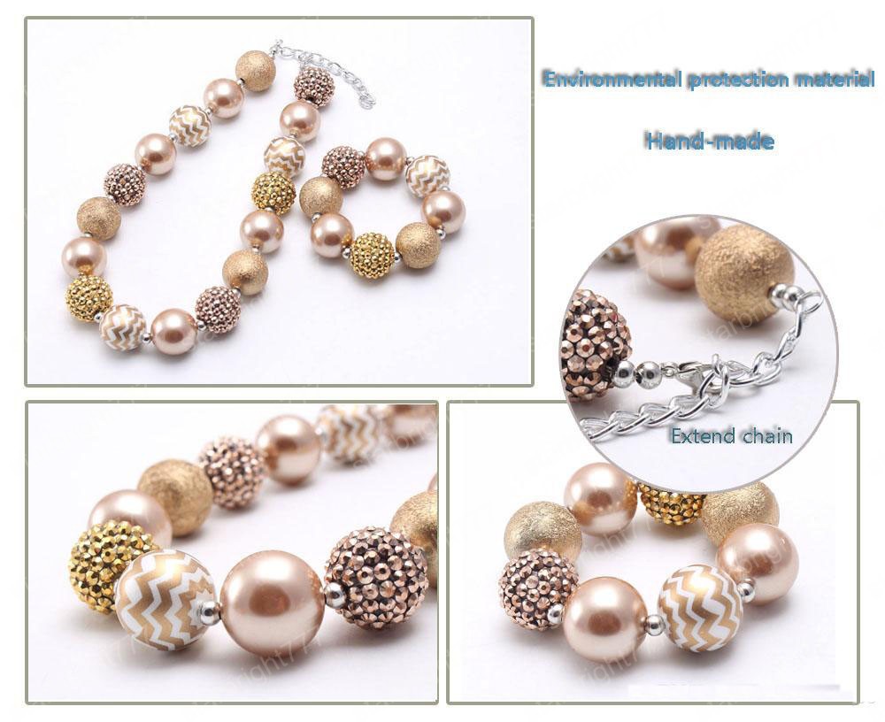 Gold Color Stripe Beads Baby Kid Chunky Necklace&Bracelet Set Fashion Bubblegum Beads Chunky Necklace Jewelry Set For Children Girl