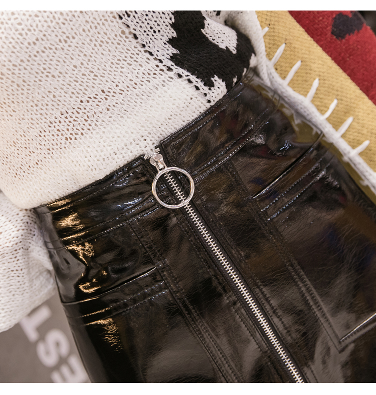 New design fashion womens sexy high waist a-line glossy PU leather zipper pockets patchwork short skirt plus size SMLXLXXL