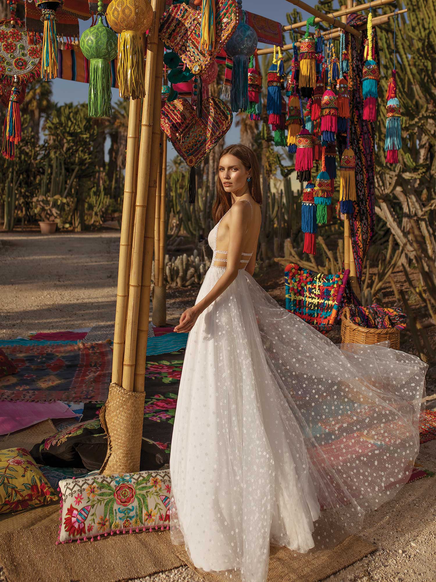 asaf dadush tulle wedding dresses lace appliqued beach spaghetti v neck a line bohemian split boho bridal gowns vestido de novia