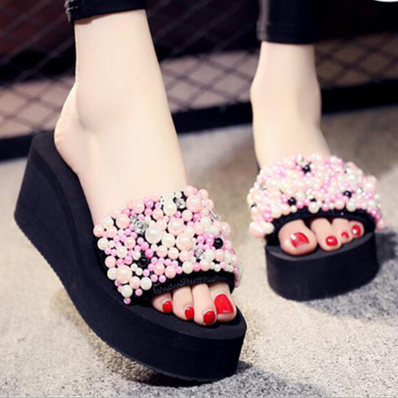 Hot Sale-Women sandals summer shoes pearl flip flops string bead slippers women casual shoes woman Wedge platform slippers 2026