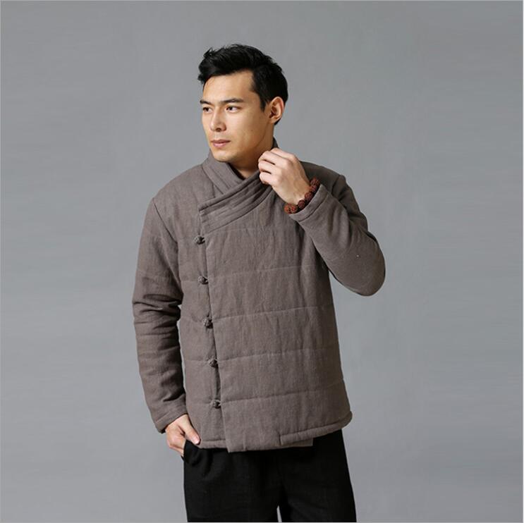East Asian Vintage Jacket Winter men ramie cotton padded clothes slant lapel Chinese Style Coat Traditional Warm Cotton Linen clothes