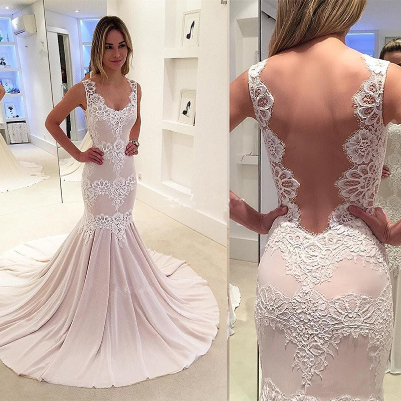 2019 Pink Champagne Mermaid Prom Dresses See Through Sweep Train Appliques Long Formal Evening Party Gowns Special Occasion Dress Plus Size
