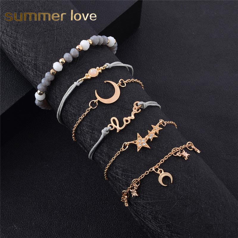 6 pcs/set Gold Acrylic Bead Multilayer Braided Rope Bracelet for Women Star Moon Love Crystal Pendant Classic Bracelet Set Jewelry 
6 pcs/set Gold Acrylic Bead Multilayer Braided Rope Bracelet for Women Star Moon Love Crystal Pendant Classic Bracelet Set Jewelry