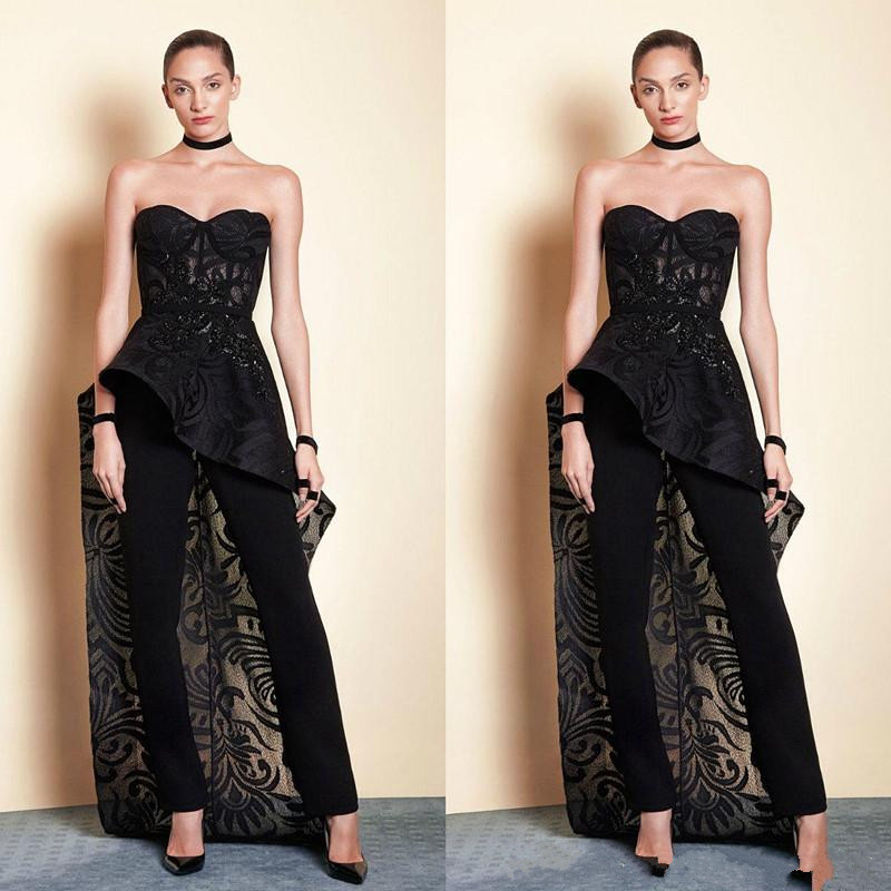 Tony Ward Black 2019 Prom Dresses Women Jumpsuit With Long Train Lace Beads Sweetheart Elegant Evening Gowns Plus Size Formal Dress
