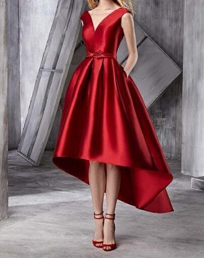 Stunning Backless Dark Red Prom Dress Hi Lo Satin Prom Dress with Pockets Royal Blue/black Party Dress