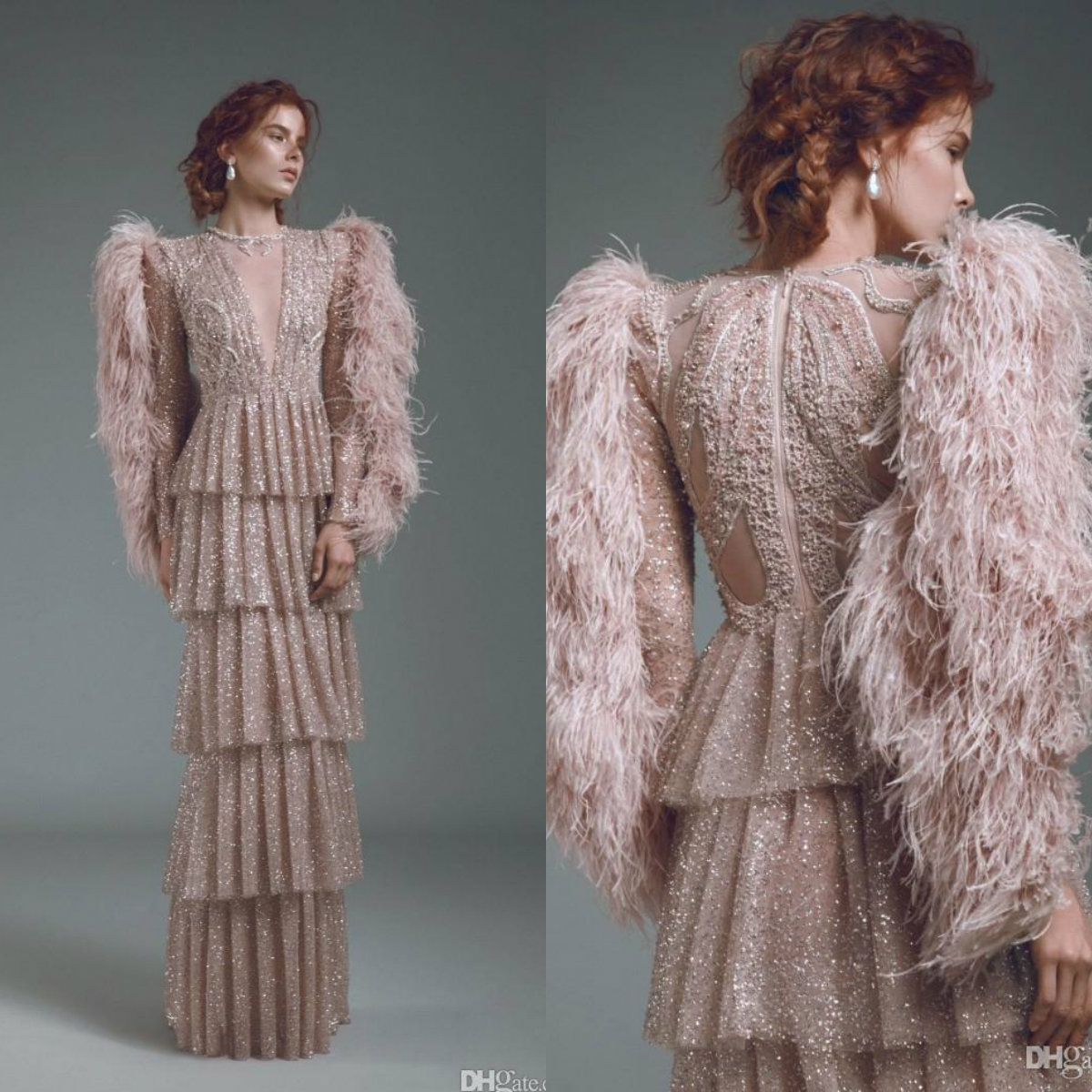 Elegant Alfazairy Sheath Evening Dresses With Feathers V Neck Long Sleeves prom dresses tiered skirt red carpet special occasion dresses
