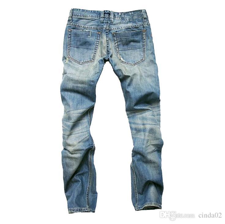 new fashion men slim casual pants elastic mens trousers light blue quality fit loose cotton denim brand jeans for men