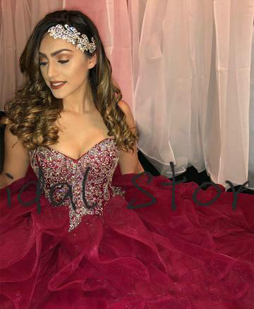 Tiered Cascading Ruffles Quinceanera Dresses Pageant Dazzling Dress Crystal Rhinestone Burgundy Organza Ball Gown Prom Dress For Women
