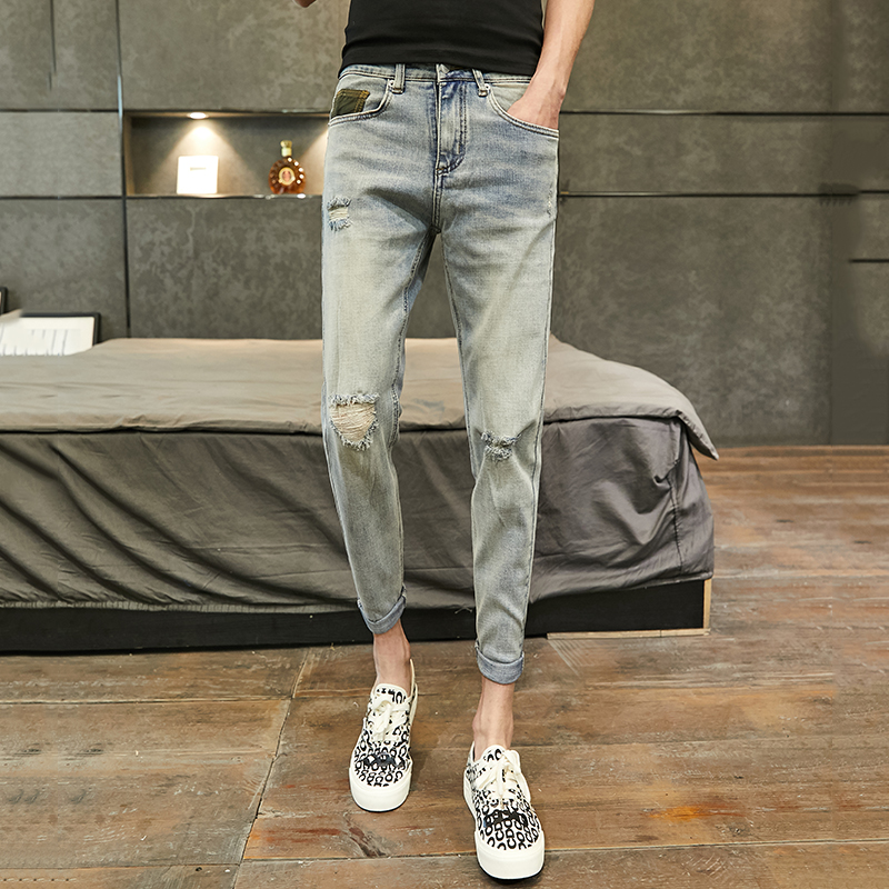 Net red hole nine points jeans male vibrato tide brand summer thin section slim feet summer pants Korean version of the trend, Blue
Net red hole nine points jeans male vibrato tide brand summer thin section slim feet summer pants Korean version of the trend, Blue
