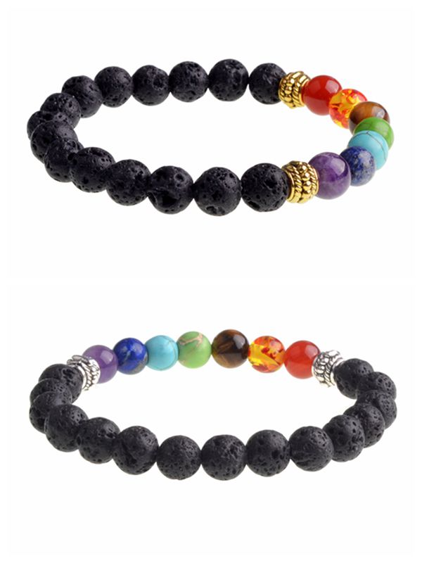 Black Lava Stone Jewelry 7 Chakra Bracelets Strands 8mm Yinyang Rock Bead Elastic Natural Stones Gemstones Yoga Menditation Beads for Men Women Girls