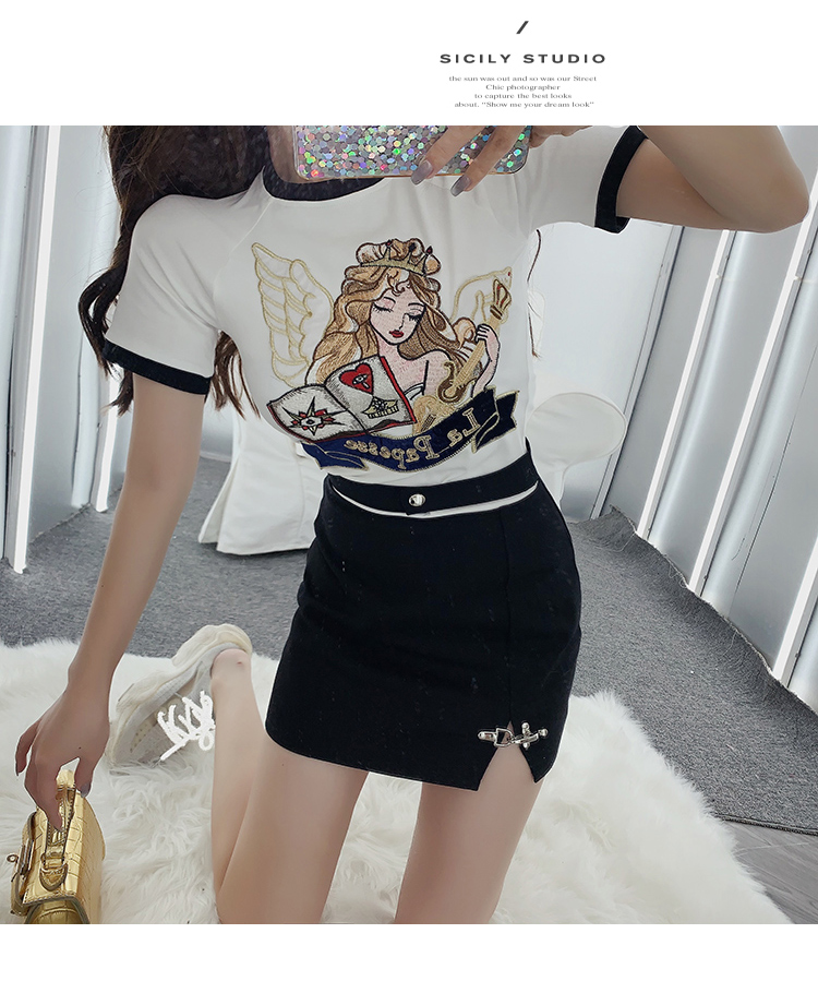 New fashion womens sexy bodycon tunic short sleeve color block cartoon embroidery cotton t-shirt plus size S M L XL