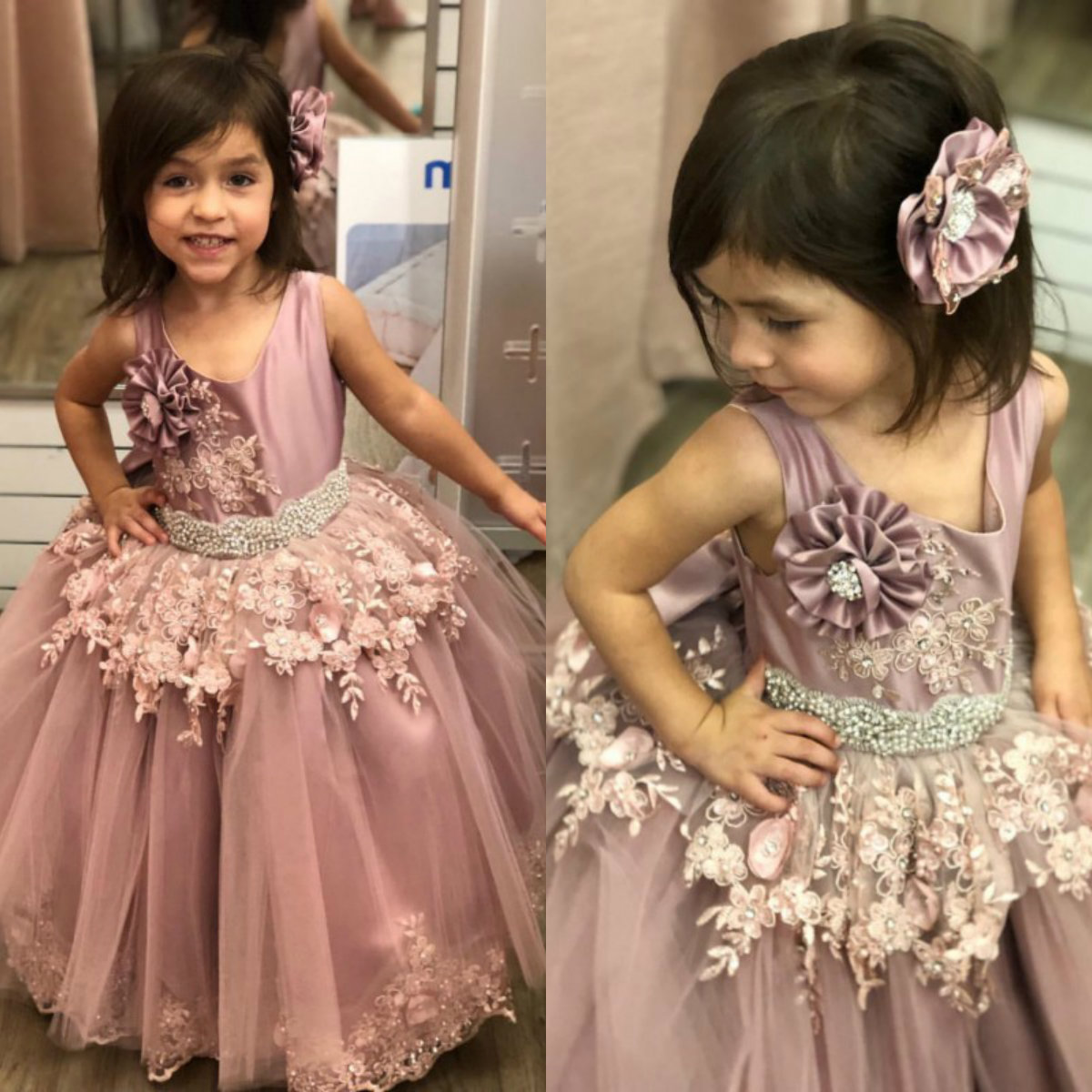 Lovely Lace Beaded Flower Girl Dresses Floor Length Ball Gown Handmade Flowers Girls Pageant Gowns Prom Birthday Dress