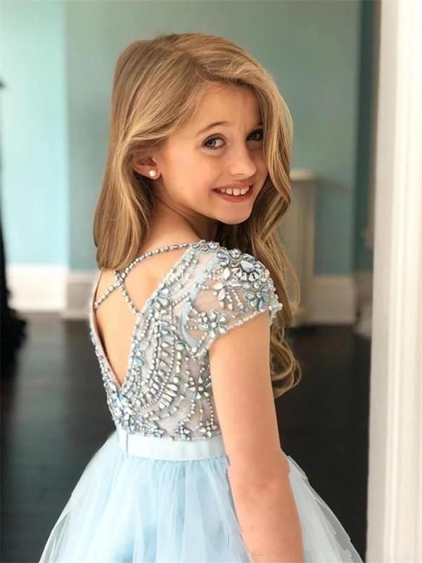 2023 Sky Blue Girls Pageant Dresses Jewel Neck Tulle Crystal Beads Floor Length Long Criss Cross Back Kids Wedding Flower Girls Dress