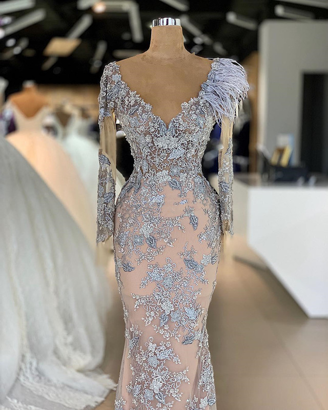 Light Sky Blue Mermaid Evening Dresses with Long Sleeve 2020 Feather 3D Floral Lace Beaded Arabic Illusion Prom Gown abiti da cerimonia