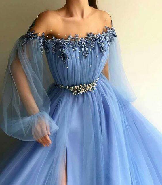 Fairy Sky Blue Prom Dresses Appliques Pearl A Line Jewel Poet Long Sleeves Formal Evening Gowns Front Split Plus Size vestidos de fiest