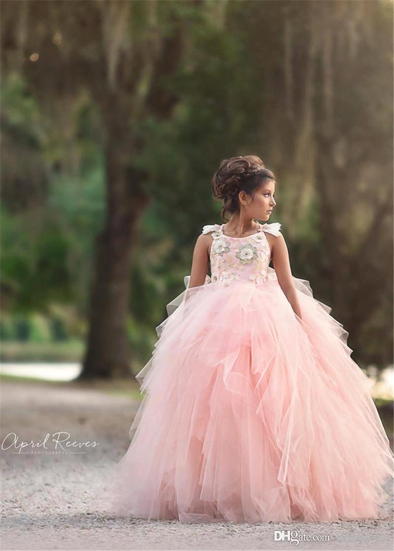 Lovely Pink New Princess Girls Pageant Dresses Jewel Sleeveless Ball Gown Appliques Spaghetti Straps Layers Long Kids Tulle Formal Gowns s