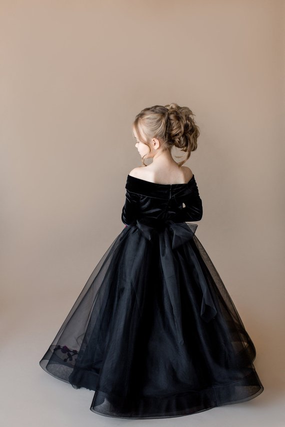 Black wer Girl Dresses With Pink Appliques Off The Shoulder or Length Long Sleeves Pageant Dress Custom Made Veet Girls Gowns
