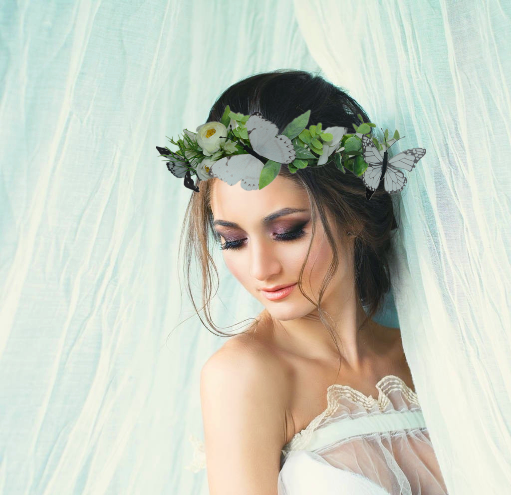 White butterflies and flowers crown green grass wedding hair accessories wedding accessories bridal headband headpiece for women or ladies