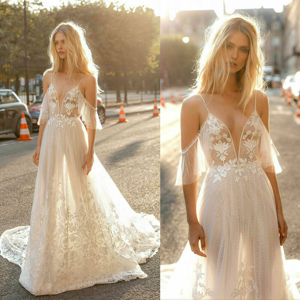 Boho Beach A Line Wedding Dresses Sexy Spaghetti Lace Appliques Bohemian Bridal Gowns Short Sleeve Backless Wedding Dress vestidos de novia