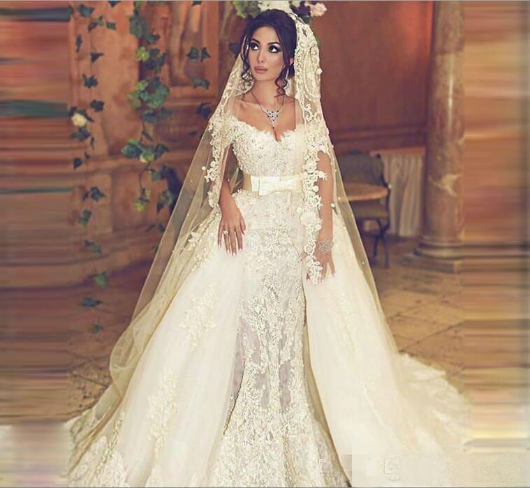 Tulle Vintage Wedding Dresses With Detachable Train Off Shoulder Lace Applique Beaded Plus Size Wedding Dress Bridal Gowns Custom Made