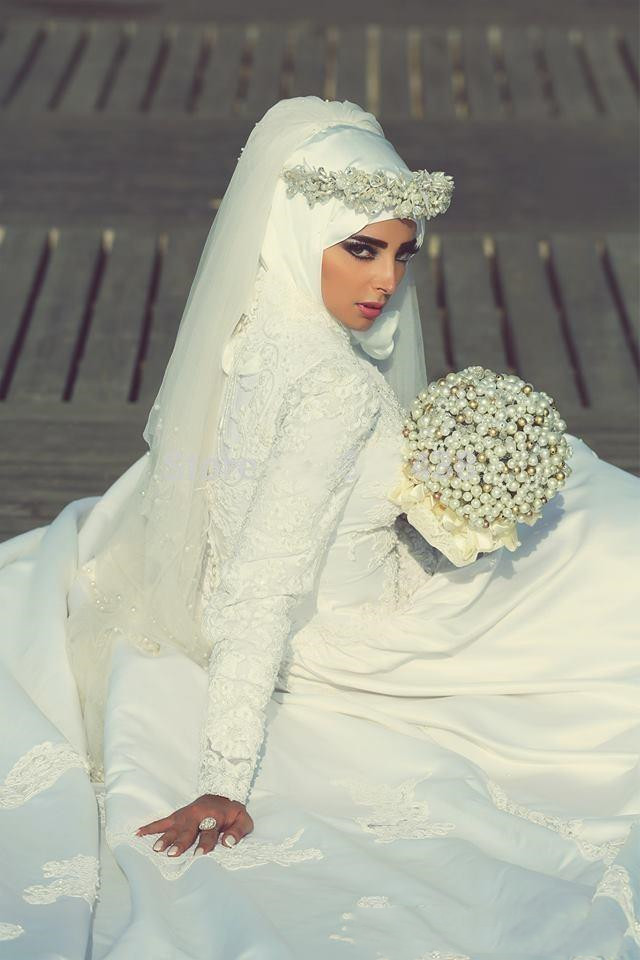 hijab muslim wedding dresses lace appliques beaded satin bridal wedding gowns with veil robes de marie