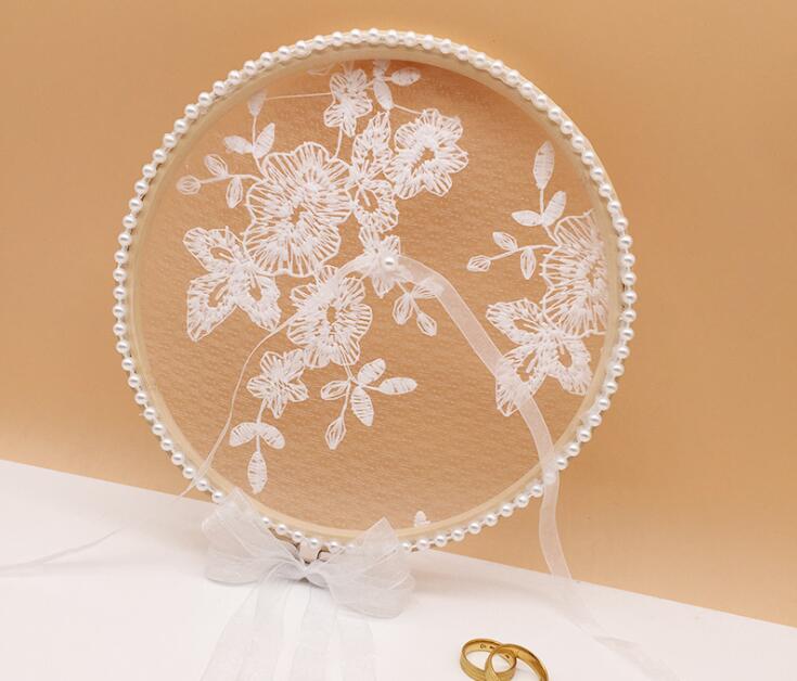 Wedding Ring Pillow Hollow Butterfly Round Ring Box Wedding Mariage Decor Ring Pillow Cushion Pearl with Bow Tie