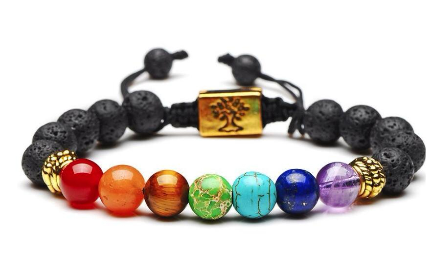 Yoga Handmade 7 Chakra Tree Of Life Charm Bracelets Lava Stones Multicolor Beads Rope Bracelet Women Men Bracelets Bangles