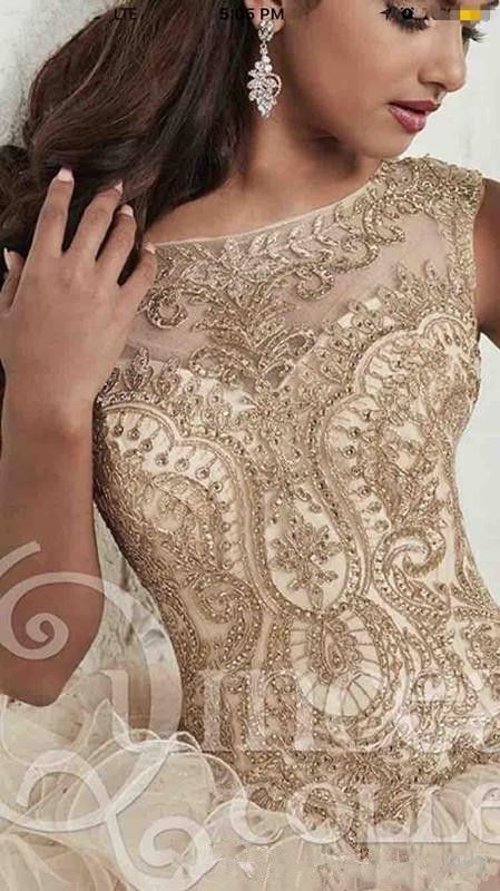 Gorgeous Champagne Crystal Quinceanera Dresses Scoop Neck Hollow Back Coeset Prom Tiered Skirts Or Length Sweet 16 Dress 0220