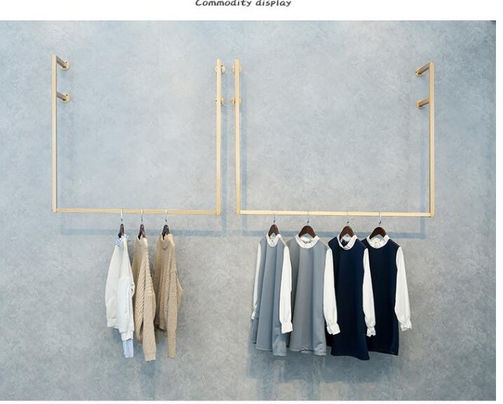 Golden Iron Art Upper Wall Clothing Rack Commercial Furniture Fashion Side-hanging Cloth Hanger for Women's Clothes Shop Wall-hanging Display Rac