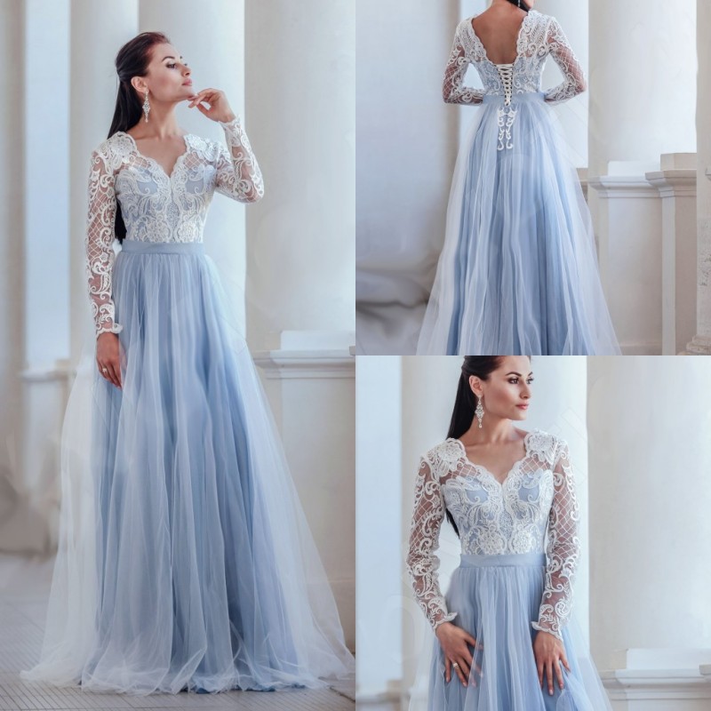 Sky Blue Country A Line Wedding Dresses Long Sleeve V Neck Appliques Lace Up Bridal Gowns Plus Size Beach robe de mariée