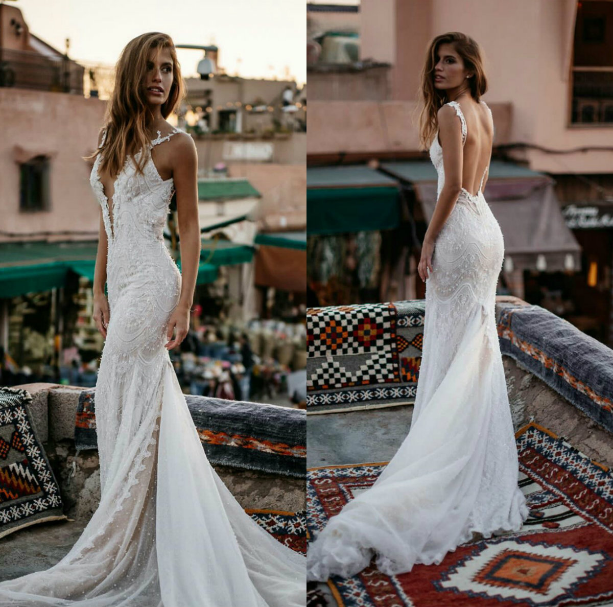 beading mermaid wedding dresses deep v neck lace appliques bridal gowns sweep train satin backless wedding dress