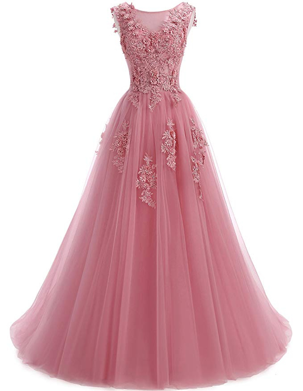 Hot Prom Dresses A Line Appliques Lace Sleeveless Blush Pink Long Formal Evening Gowns Prom Party dress With Flower Lace-up Back