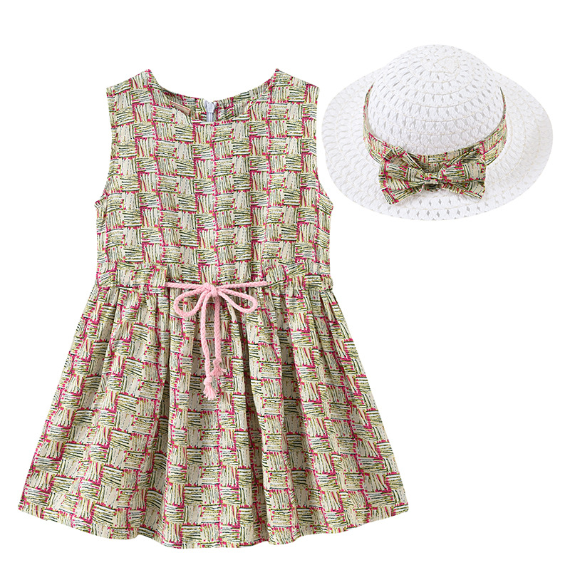 Summer Girl Floral Dress Hats Set Sundress Sleeveless Print Dresses + Printed Bow Sun Caps 2pcs/set Child Beach Flower Skirts Outfits M1412
