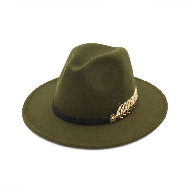 QIUBOSS Trend Solid Color Men Women Wool Felt Panama Hat Fedora Caps Leather Band Metal Leaves Pattern Black Jazz Trilby T200118