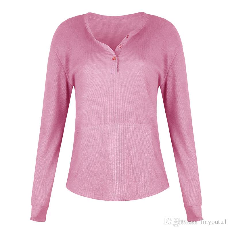 2020 Women T Shirts Womens V Neck Henley Shirts Long Sleeve Solid Button Down Basic Ladies Tees Casual Slim Women Tops T-Shirts