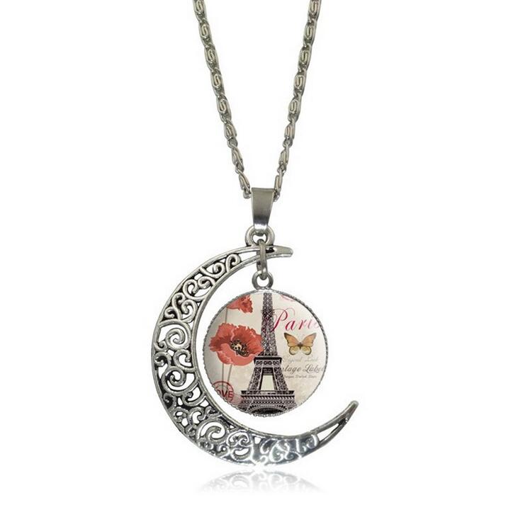Openwork carved moon Eiffel Tower time gemstone necklace DJN173 mix order Pendant Necklaces jewelry