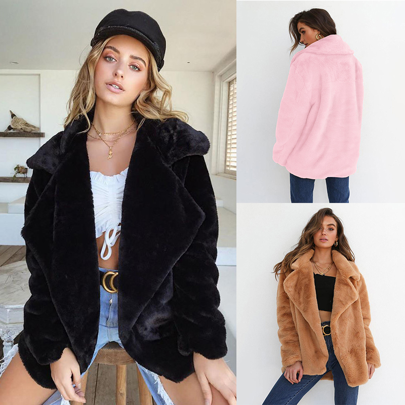 New Autumn Winter Fleece Faux Fur Jacket Coat Fashion Ladies Women Long Sleeve Open Front Turn Down Collar Outerwear 2019