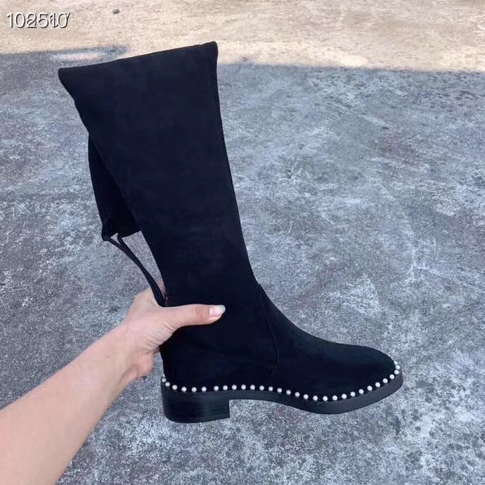 Hot Sale-Women High Silk Sheepskin Knee High Dress Boots fashion Pearl Low Heel Thigh-High Boots Winter Plush Black Snow Knight Boots