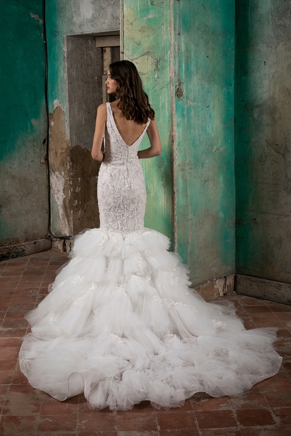 Ivory New Mermaid Wedding Dresses Couture Deep V Neck Lace Applique Ruffles Sweep Train Bridal Gowns Custom Made Vestido De Novia